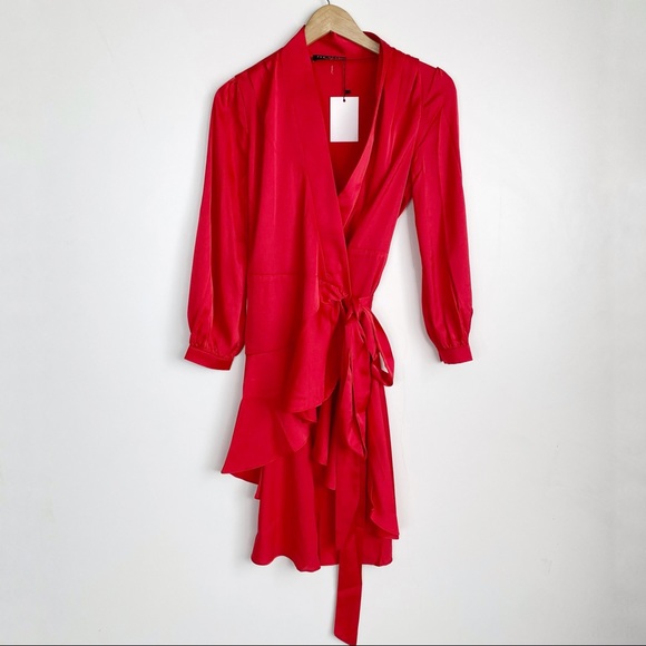 FEW MODA Satin Wrap Asymmetrical High Low Long Sleeve Ruffle Dress - Picture 3 of 9